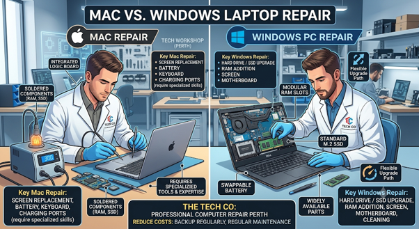 Comparing Mac repair using specialized tools versus Windows laptop modular repair.