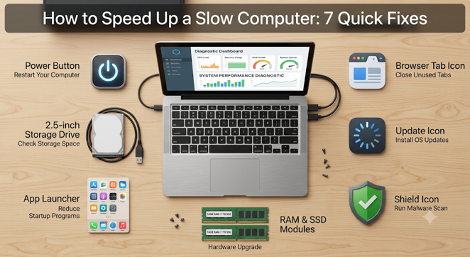 showing 7 quick fixes to speed up a slow computer.